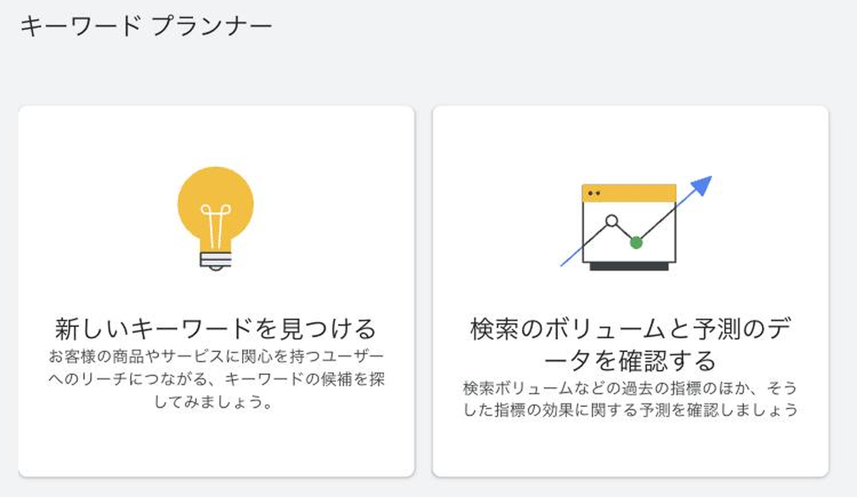 キーワードプランナーの入口2つ。「新しいキーワードを見つける」と「検索のボリュームと予測のデータを確認する」が並んでいる